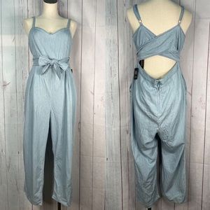 Express Blue Chambray Jumpsuit Size 18 Cross Open Back Cotton Lyocell Blend